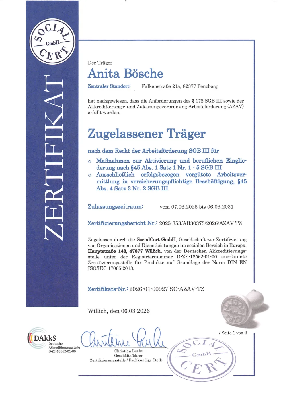 AZAV-Zertifikat Anita Bösche – Seite 1