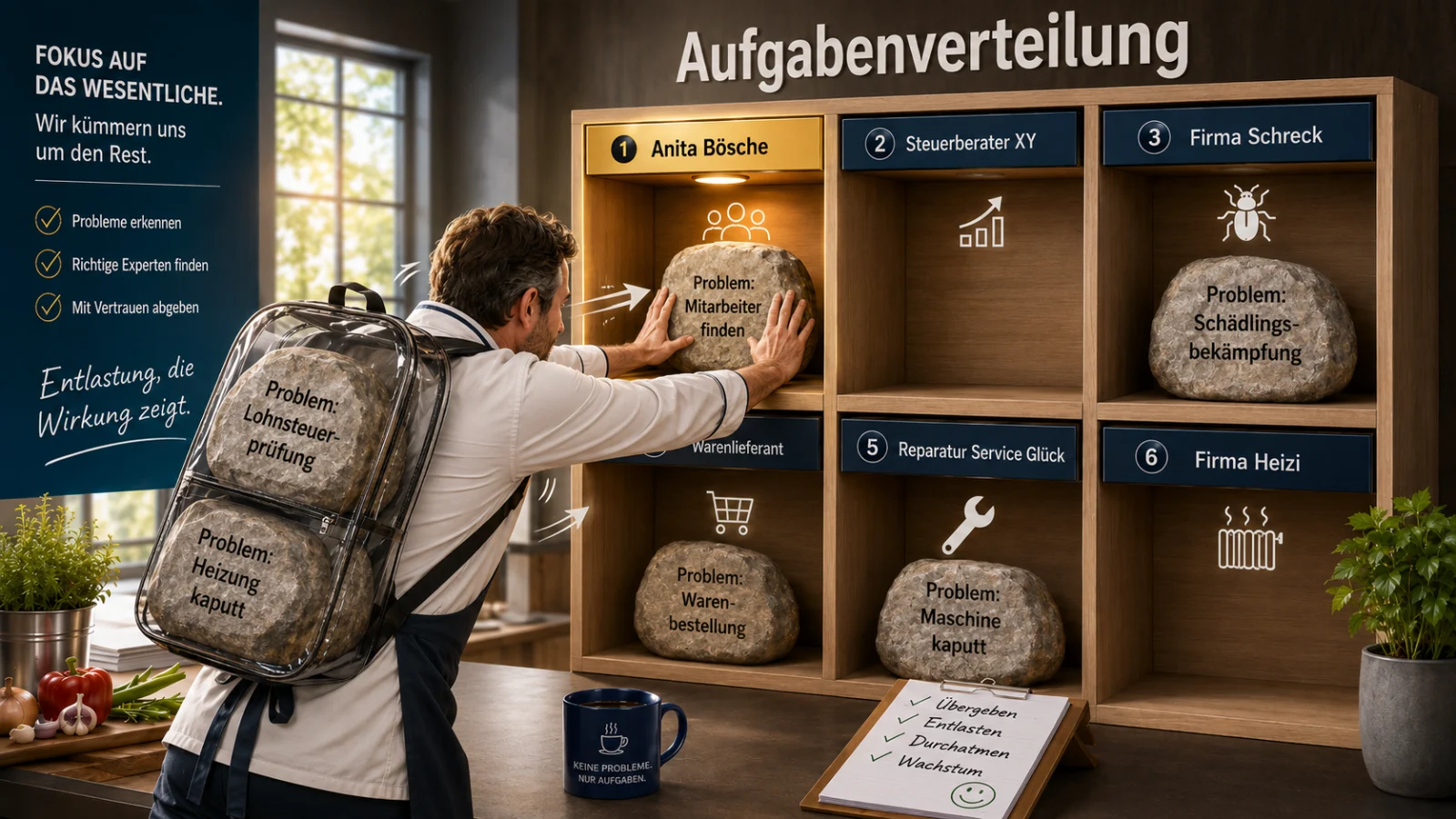 Aufgabenverteilung – Unternehmer übergibt das Problem Mitarbeiter finden an Anita Bösche.